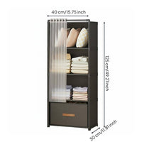 Space Saving Shelving Unit with Curtain Easy Assembly Portable Clothes Closet Large Capacity Freestanding Wardrobe with Drawers Sturdy Construction for Students, Renters, Dorm Room, Bedroom, Small Apartment