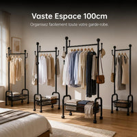 Freestanding Double Rod Garment Rack with Storage Basket