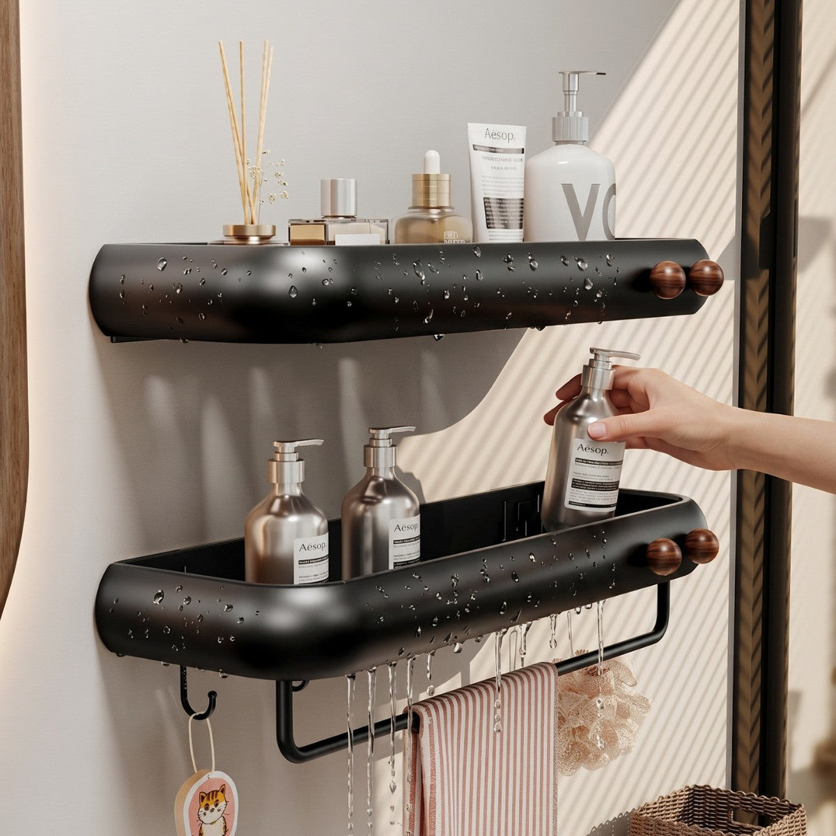 Bathroom Storage Rack, Wall-Mounted, No Drilling, Space Aluminum, Modern Simple Style