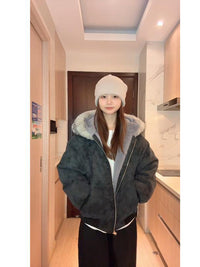 冬季新款大理石座山雕连帽绒毛棉衣外套男女冬季PU皮加厚保暖棉服