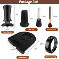 Stainless Steel Coffee Tamper with Adjustable Calibration and Magnetic Dosing Ring Kit