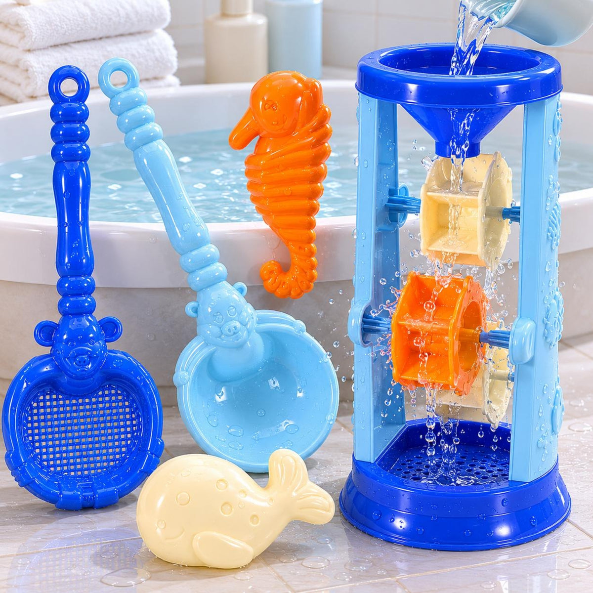 5 Pieces Plastic Beach Sand Toy Set Rotating Hourglass Sand Structure Bright Colors Outdoor Plaything Cartoon Design for Children