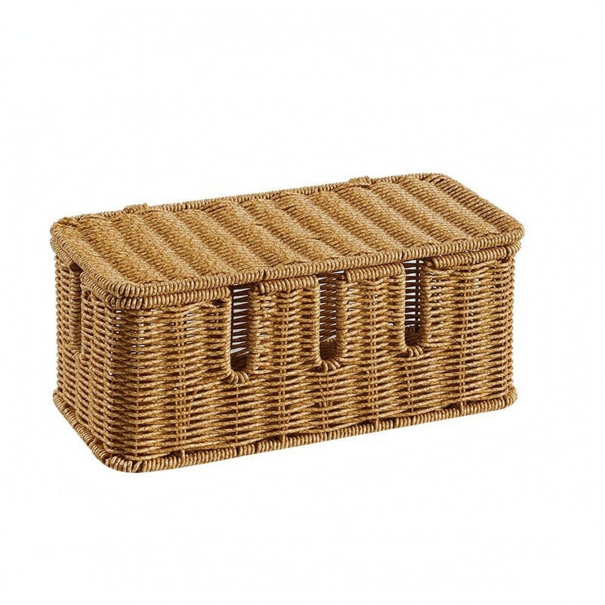 Cable Management Box Open Slots Rattan Cable Box Flat Lid Woven Cord Organizer