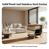 Luxury Kitchen Service Cart Solid Wood & Stainless Steel Modern Dining Cart on Wheels Easy Mobility Multi-Tier Serving Trolley for Living Room, Villa