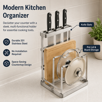 Universal Knife Block Kitchen Organiser, 2 Layer Stainless Steel Countertop Organiser, Pot Lid & Cutting Board Holder, Modern Rectangular Design