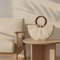 Woven Bag with Wooden Handle Textured Handmade Purse Semi-Circular Handbag Beaded Shell Embellished Bag Artisanal for Women