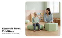 High-Density Foam Hexagonal Ottoman Easy to Clean Geometric Pouf Wear-Resistant Upholstered Combination Stool Solid Wood Frame for Toddlers, Educators, Kindergarten, Early Learning Center, Playroom, Waiting Room