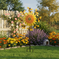 Floral and Bees Stake Whirligig Weather-Resistant Floral Wind Whirligig Bright Colors Outdoor Decor for Patio