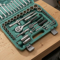 Hard Case Automotive Repair Tool Set Molded Compartments Socket and Wrench Kit Metal Latches Ratchet Wrench Set Polished Finish