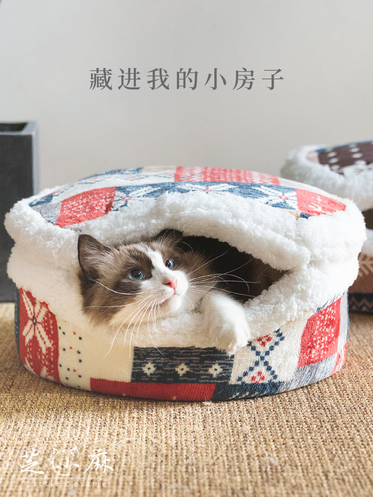 芝小麻 铜锣烧猫窝圣诞复古冬季保暖封闭式两用四季猫屋房子猫窝