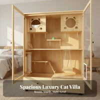 Large Wood Cat Villa, Multi-Level Enclosure, Spacious Cat House, Nordic Style, Home