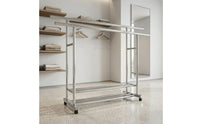 Metal Double Rod Garment Rack with Wheels Mobile Freestanding Clothes Rack with Shoe Storage Portable Furniture Space-Saving for Balcony