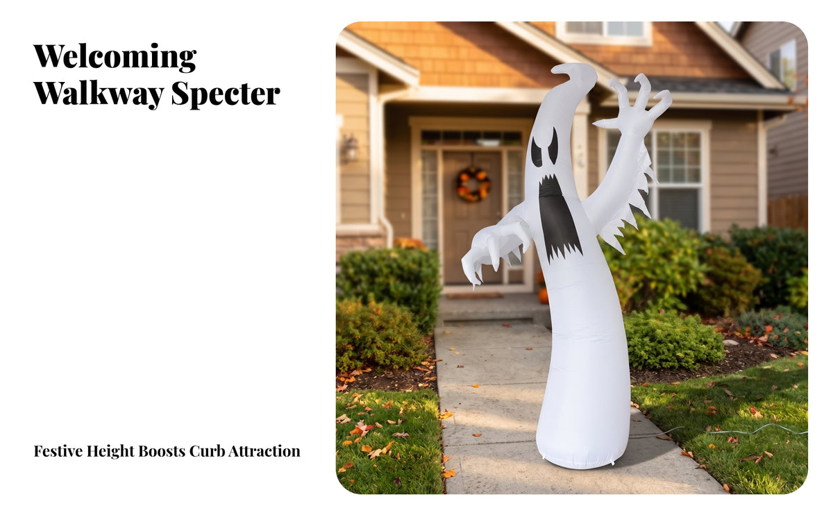 Outdoor Inflatable   | Spooky Black Printed Face, Tall White Body, Halloween Inflatable with Claws, for Lawn