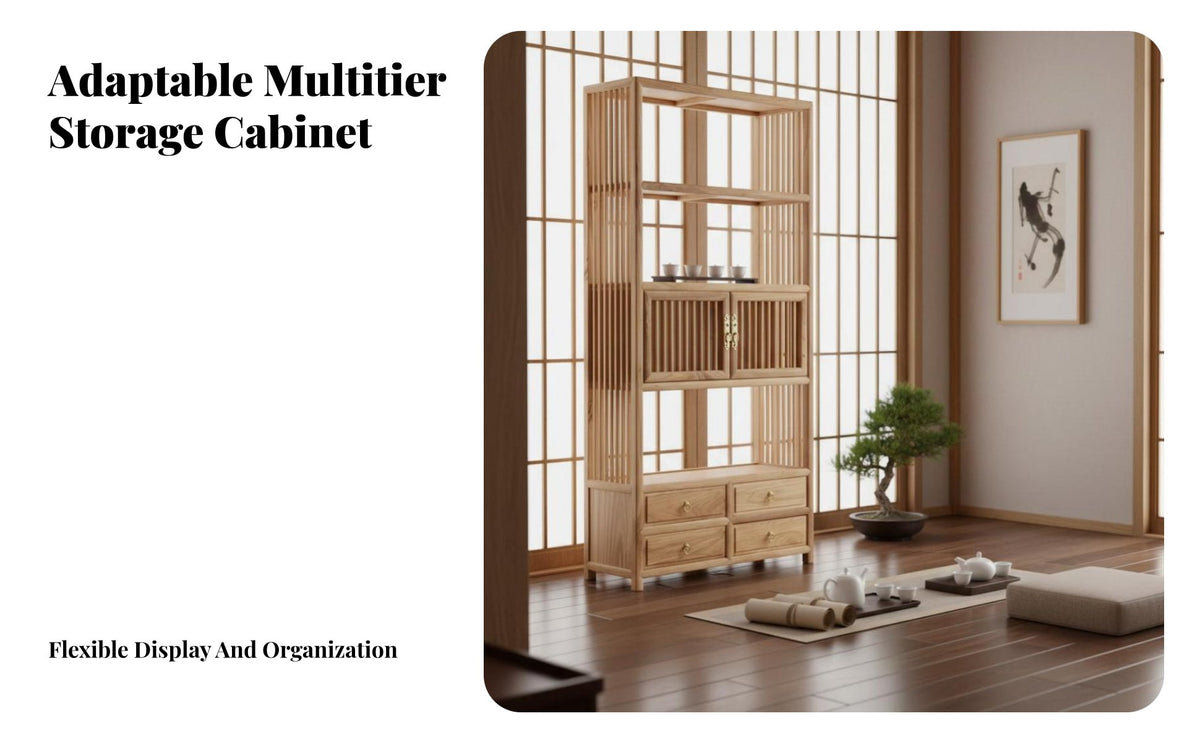 Serene-Inspired Design Chinese Curio Shelf With Storage Drawers Multi-Compartment Curio Stand long-lasting Construction display shelf Space-Saving for Tea aficionados, Collectors, Office Workers, Study Room, Bedroom, Entryway