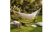 Detachable Swinging Bed with Stand Wooden Freestanding Swinging Bed Sturdy Furniture Comfortable for Adults, Garden
