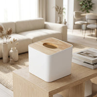 Tissue Box Holder with Bamboo Lid for Home Office, Modern Minimalist Style Desk Organizer for Facial Tissue Boxes, Multi-purpose Square Shape