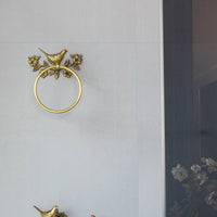 Towel Holder with Bird and Floral Motif Nature-Influenced Towel Loop with Floral Design Gold Hardware for Guest Washroom