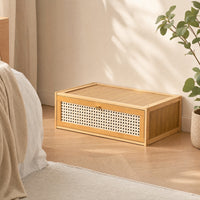 Breathable Storage Cabinet with Woven Door Modular Storage Cabinet with Doors Space-Saving Wooden Bin Multi-Use for Bedroom, Small Apartments, Entryway