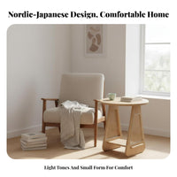 Round End Table with Woven Panels Space Saving Round End Table Rattan Decorative Suggestion Retro-Modernera Modern Design