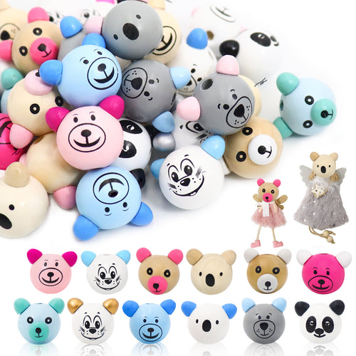36 Pieces Bear Wood Beads with Expressions, 25mm Round Animal Head Wood Beads (Random Styles) YQ