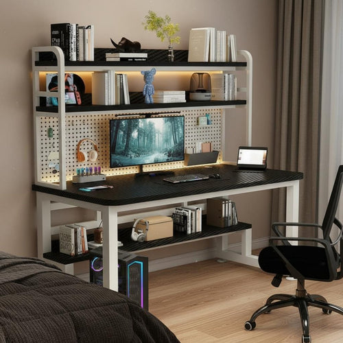 Computer Desk Pegboard Study Table Solid Wood Shelves Multi-level Storage Space Saving Design Built-in Unit Customizable Pegboard Suitable for Students Tech Lovers Bedroom Dorm Room