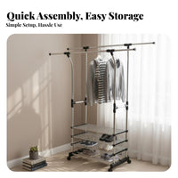 Rolling Double-Bar Clothes Rack Extensible Rod Drying Stand Easy to Assemble