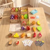 Tabletop Wooden Pretend Supermarket Educational Wooden Grocery Store Play Set Educational Toy Checkout Counter with Crates Interactive for Children, Toddlers, Preschoolers, Playroom, Classroom, Daycare