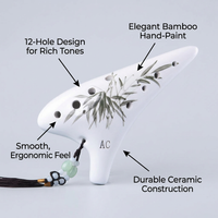 12 Hole, Professional Tuning, Ergonomic Grip, Sunset Yellow Fired Ceramic Musical Instrument Gift fo - White with Bamboo Pattern