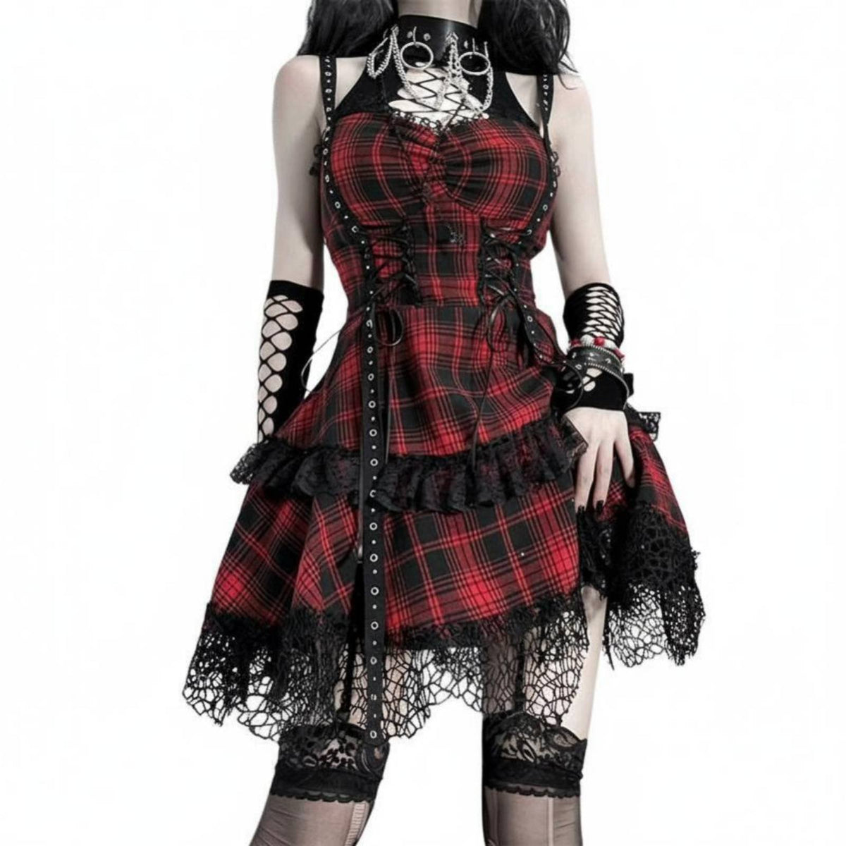 Red Black Plaid Mini Dress Vintage Inspired Goth Plaid Dress 3-Piece Set