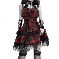 Red Black Plaid Mini Dress Vintage Inspired Goth Plaid Dress 3-Piece Set