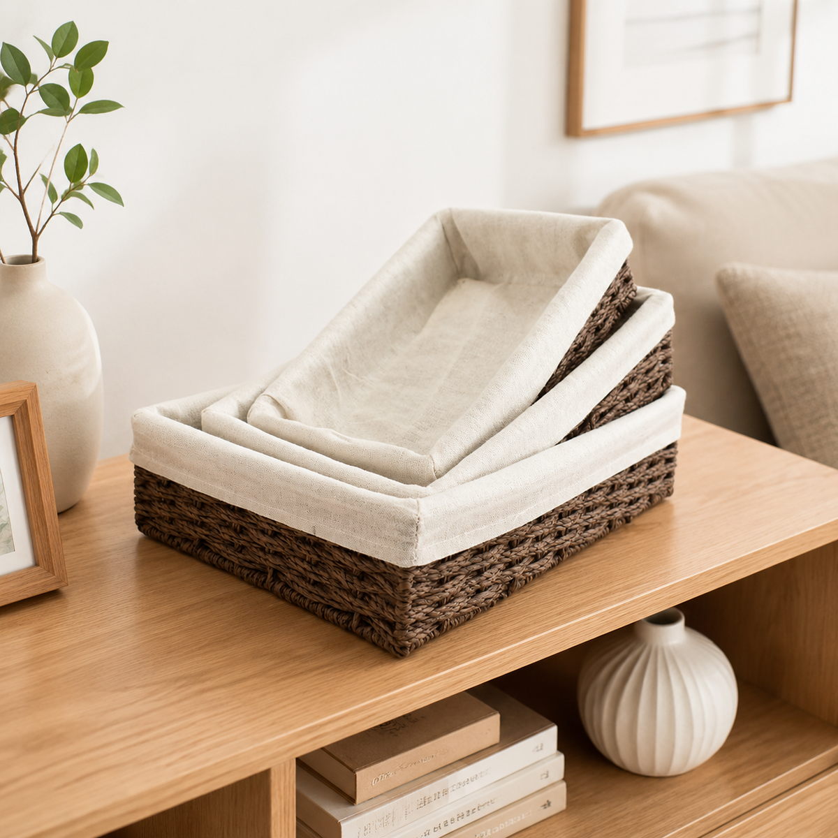 Japanese Storage Basket, Braided Laundry Basket Made of Plant Fiber, Laundry Hamper with Fabric Insert, Stackable for Bedroom