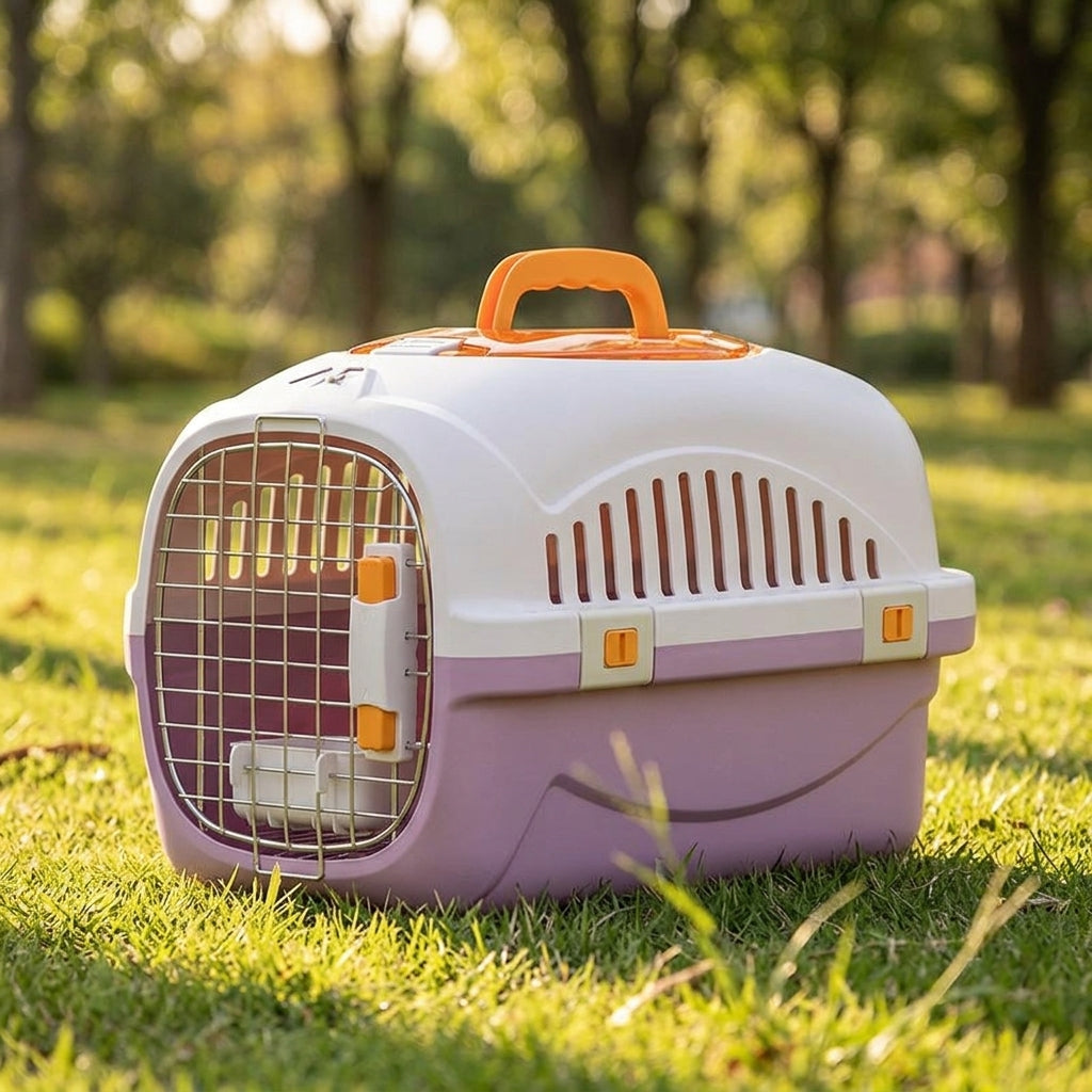 Hard Cat Carrier Pet Carrier Bag with Wire Front Door, Cat Travel Bag, Striped Pattern Outdoor Sided Pet Carrier for Car Use