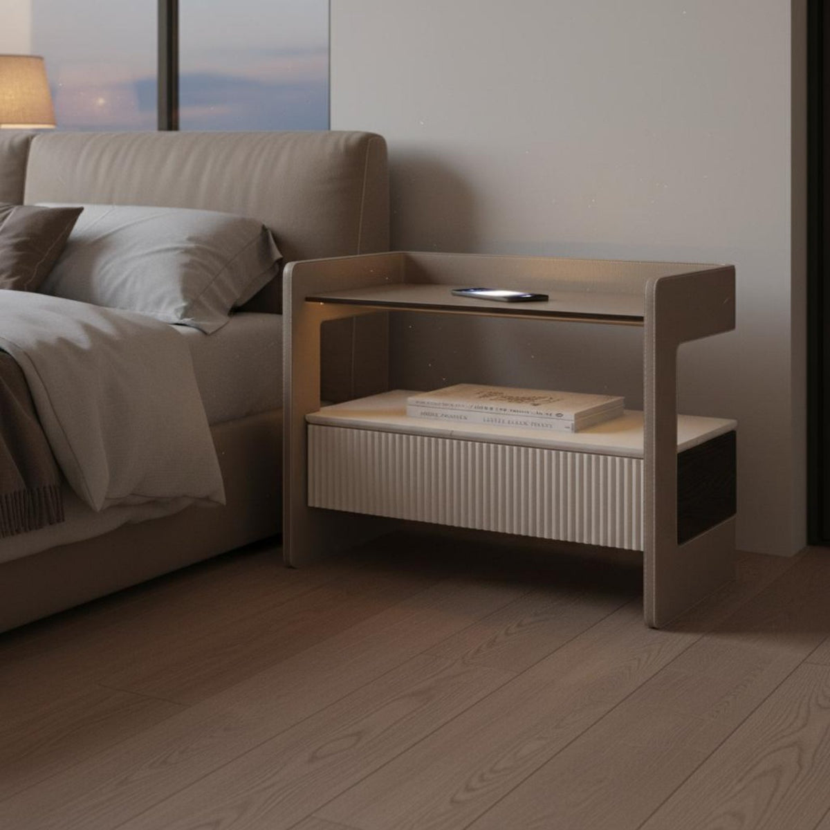 Nightstand with Drawers and Shelf Charging Single-Drawer Table with Shelf Minimalist Design Bedside Cabinet for Students, Hotel Room, Hallway