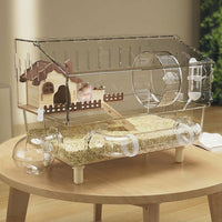 Acrylic Hamster Cage with Hamster Tunnel, Clear Hamster Cage 45cm for Dwarf Rodents, 360 Viewing Habitat with Removable Tray and 9 Accessories