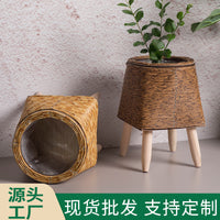 室内仿藤编花架三角支架花盆桌面创意多肉收纳容器办公室草编盆
