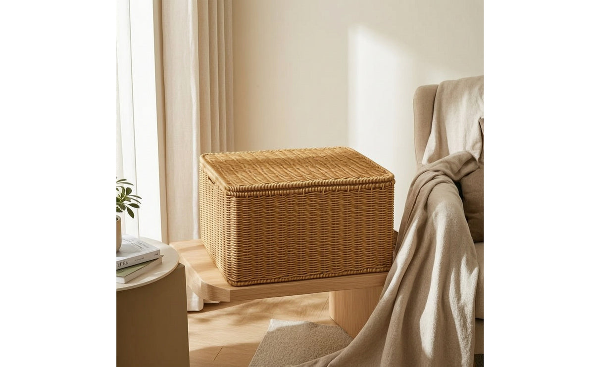 Woven Container Box with Lid Rectangular Woven Basket with Lid Sturdy Lidded Storage Container for Shelf