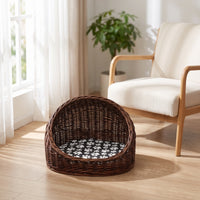 Domed Wicker Pet Bed Handwoven Rattan Pet Basket Breathable Furniture Sturdy for Small Dogs