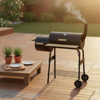 twinBarrel Barbecue Grill Front Thermometer Wheeled Barbecue Grill Black Metal Outdoor Cooking