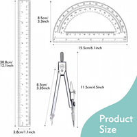 3-Piece Plastic 12-Inch Ruler, Transparent Protractor and Compass Set for Student Geometry, Durable