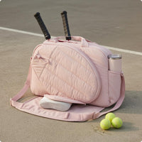 Padded Quilted Sports Bag Zippered Compartments Racket Bag Side Pocket for Tennis, Badminton, Pickleball