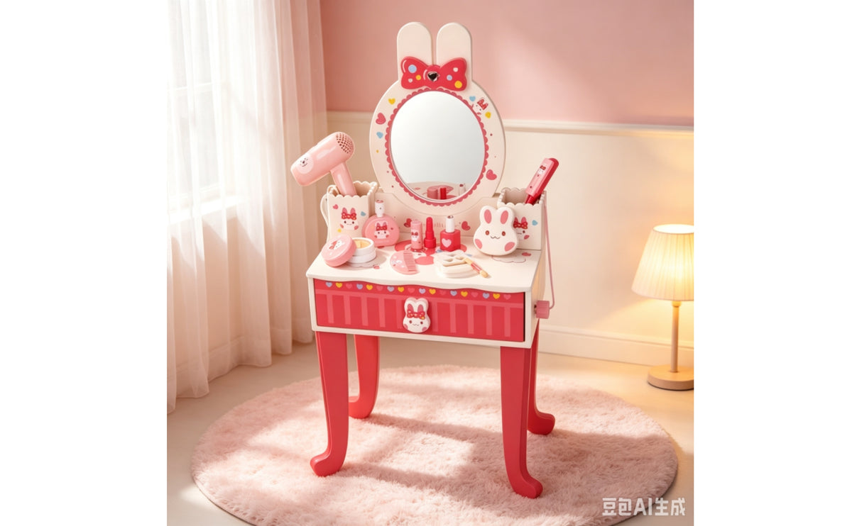 Makeup Vanity with Accessories Bunny-Themed Pretend Makeup Table Pink Tabletop Dressing Table for Playroom