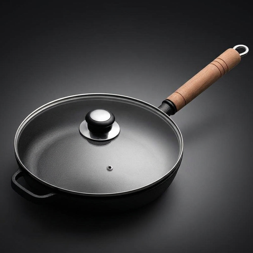 Frying Pan with Glass Lid and Wooden Handle, Heavy Duty Cast Iron Skillet for Steak, Nonstick Pancake Pan and Egg Pan, Flat Bottom Iron Pan