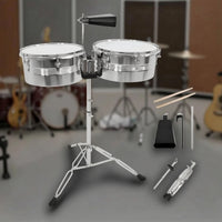 Timbales Drum Set with Stand and Cowbell Metal Timbales with Stand Double Percussion for Percussionists, Drummers, Music Studios, Rehearsals