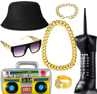 Hip Hop Gold Necklace Bracelet Black Bucket Hat Sunglasses Dollar Ring Party Costume Set