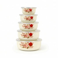 5 Pieces Enamel Bowls with Lids Floral Bowl Set Dishwasher Safe for Refrigerator