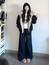 座山雕毛茸茸毛领棉服外套男女加绒加厚夹克美式cleanfit冬季棉衣