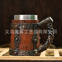 外贸复古木纹树脂啤酒杯不锈钢内胆大容量冷饮杯 创意酒吧杯
