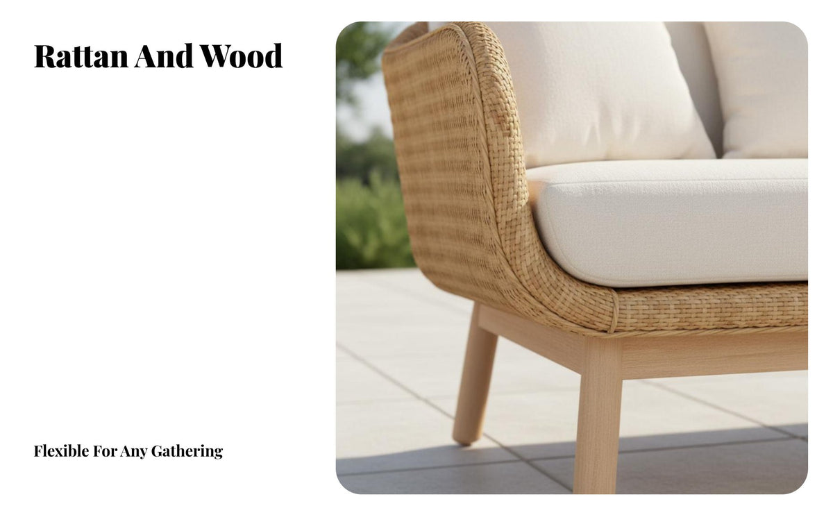 4 Pieces sturdy Wood Frame 4-Piece Conversation Group Woven elements Patio Set Weather-Resistant Garden Seating Minimalist Design for Families, Homeowners, Adults, Balcony, rearyard, Porch, waterside