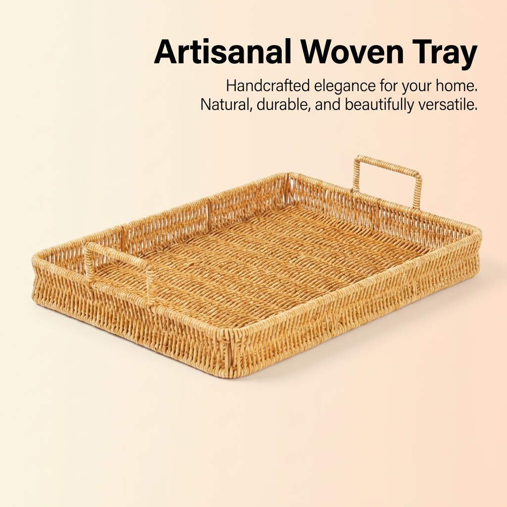 Woven Serving Tray with Handles, Rustic Wicker Snack Display, Iron Frame, Breakfast Serving Basket, Light Coffee Rattan Tray