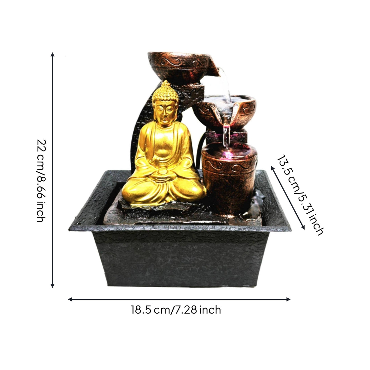 Layered Buddha Fountain with Black Tray Compact Buddha Statue Fountain Sculpted Small for Meditators, Office